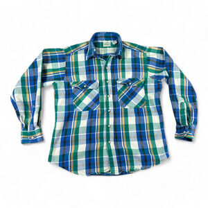 Vintage Van Heusen Shirt Adult LARGE Blue Green Plaid Flannel 417 Sportswear 90s
